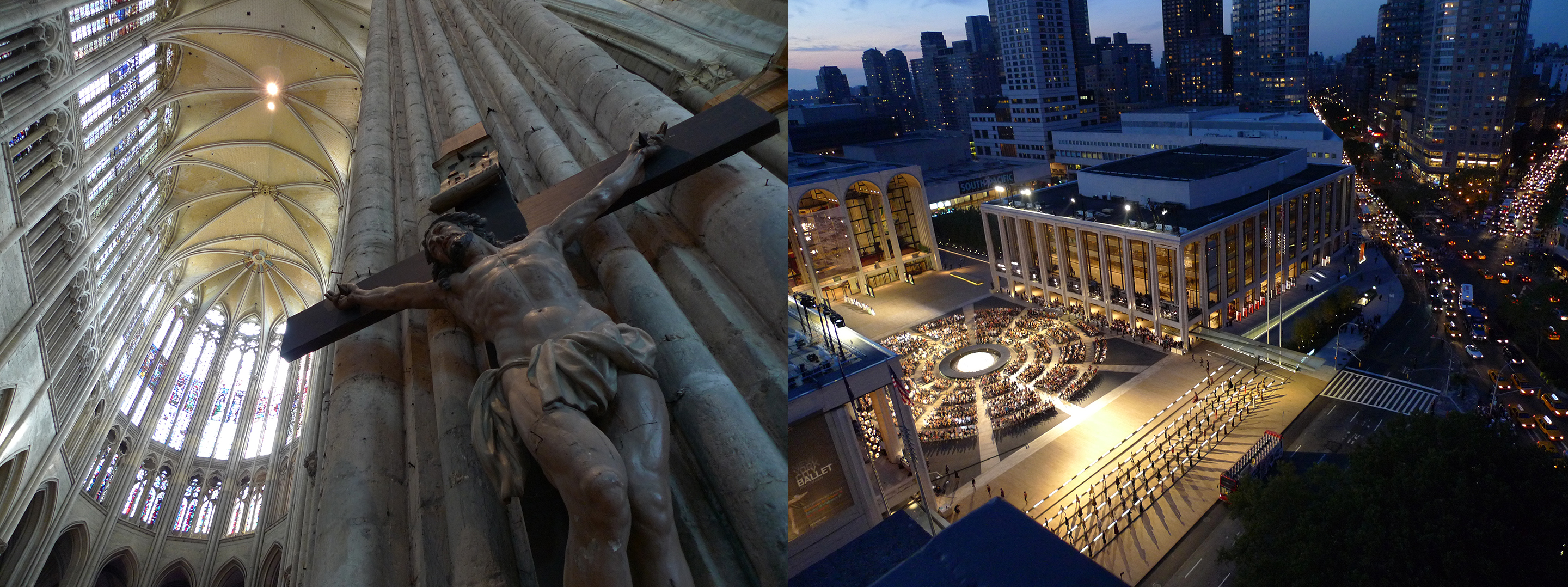 Still from PBS NOVA’s “Building the Great Cathedrals” and an image looking down on Lincoln Center